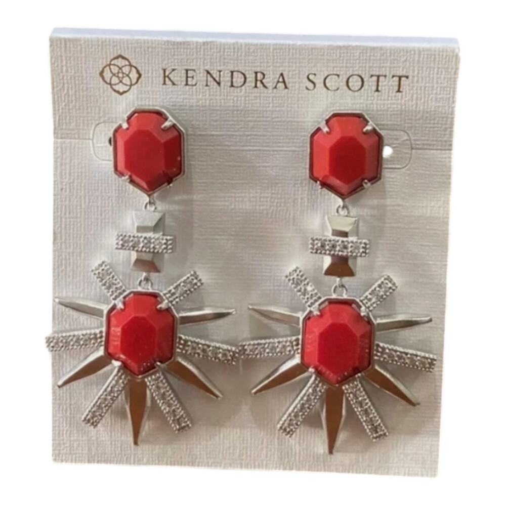 Kendra Scott Allie Statement Drop Earrings Silver‎ and Red New!!